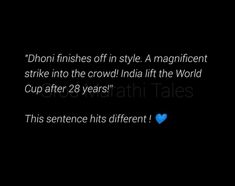 the text on the screen says,'dhoni finishes off in style a magnificent strike into the crowd india lift the world cup after 28 years '