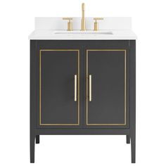 a bathroom vanity with two doors and a sink in black, gold trimmings