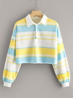 Pastel Sweater, Polo Sweatshirt, T Shirt Fashion, Striped T Shirt, Polo Neck, Girls Fashion Clothes, Kawaii Clothes, Character Outfits