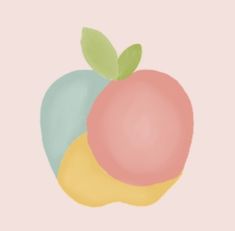 an apple with two different colored sections on the top and bottom, against a light pink background