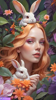 a woman with long red hair and two rabbits on her head, surrounded by flowers