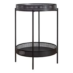 a round metal table with two shelves on each side and an open shelf below it