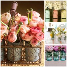 several different pictures with flowers and jars in them