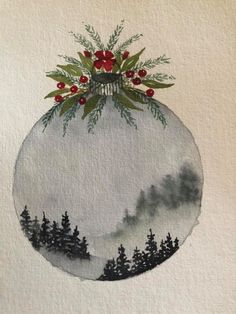 a watercolor painting of a christmas ornament with evergreens and mist in the background