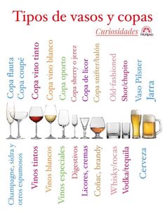 a poster with different types of wine glasses and their names in spanish on the side