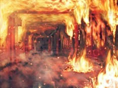 a fire filled hallway with lots of flames coming out of the ceiling and floor,