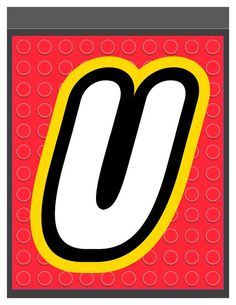 the letter u is made up of circles and dots in red, yellow, and black