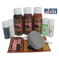 the contents of a leather craft kit including soap, paint and other items are shown in front of an american flag