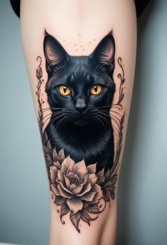 a black cat with yellow eyes and flowers on the side of a woman's leg