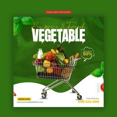 a shopping cart filled with lots of different fruits and vegetables in front of a green background