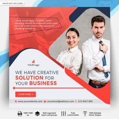 a business flyer with two people standing next to each other in front of a blue and red background