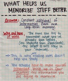 a piece of paper with writing on it that says what helps us to memore stuff better