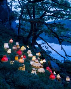 many lamps are lit up on the side of a hill near water and trees at night