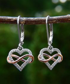 Infinity Heart, Heart Drop Earrings, Diamond Earrings, Diamond Necklace, Two Tone, Cubic Zirconia