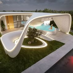 an artisticly designed house with a pool in the middle and grass on the ground