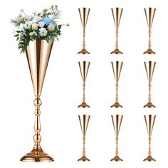 a bunch of gold vases with flowers in them on a white background, set of twelve