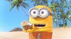 a cartoon minion is standing in the sand with his eyes wide open and palm trees behind him