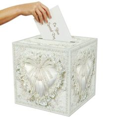 The Card Box, decorated in traditional wedding style, is an elegant addition to your wedding. | Le Prise™ Card Box 12.0 H x 12.0 W x 12.0 D in brown / in White | 12" H X 12" W X 12" D | Wayfair Reception Gifts, Envelope Box, Silk Hydrangeas, Wedding Party Supplies, Gift Envelope, Wedding Anniversary Party, Card Box Wedding