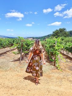 a woman in a dress walking through a vineyard