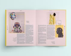 an open book with photos and text on it, showing the contents of a mask