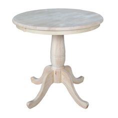 a white wooden table with four legs and a round top, on a white background