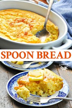 an old virginia pumpkin spoon bread on a blue and white plate