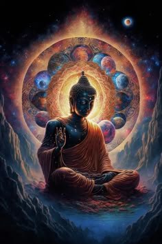 the buddha is sitting in front of an image of planets and stars, with his hands clasped