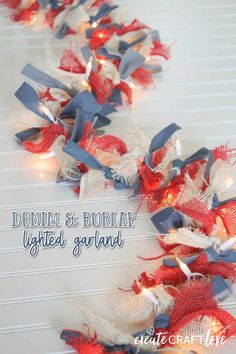 red, white and blue garland with lights