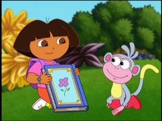 dora the monkey is holding up a picture frame with a monkey on it's back