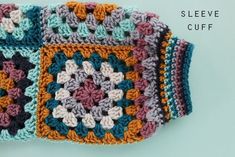 a crocheted dishcloth is shown with the words sleeve cuff on it