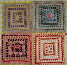 four square crocheted squares on a yellow and white checkered tablecloth