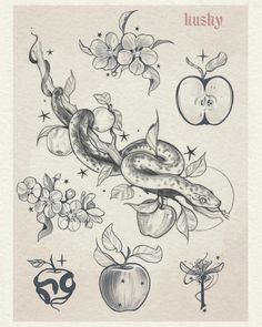 an old school tattoo design with apples and flowers