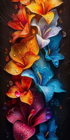 colorful flowers with water droplets on them are shown in this artistic painting by an artist