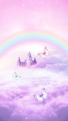 there is a castle in the clouds with two butterflies flying around it and a rainbow