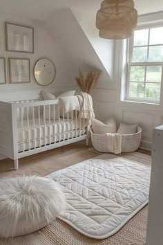 a baby's room with a crib, chair and rug