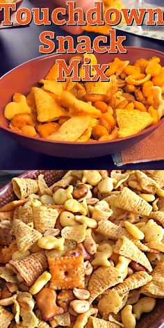 this is an image of a bowl of snack mix with the words, truchdown snack mix