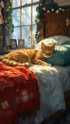 an orange cat laying on top of a bed next to a christmas tree and window