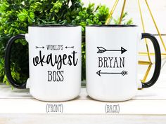 two coffee mugs with the words world's okayest crystal left and crystal right