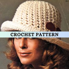 a woman wearing a crochet hat with the words crochet pattern on it