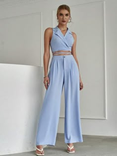 Luxury Elegant Bottoms With High-low Hem, 2 Piece Dress Formal Silk, Crop Top Pants Wedding, Wedding Pants And Crop Top, Luxury Chic Bottoms With High-low Hem, Luxury Summer V-neck Palazzo Set, Blue Two Piece Outfit, Crop Top Pants Set, Trendy Summer Outfits