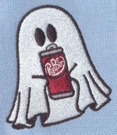 a ghost with a can of soda in it's hand and eyes on its face