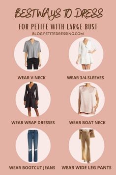 Style Tips For Big Busted Women, Tips For Petite Fashion, Petite Curvy Dress, Dressing Curvy Petite, Large Chest Styling Tips, How To Dress For Petite Curvy, Outfits To Appear Slimmer, Chic Outfits Big Bust