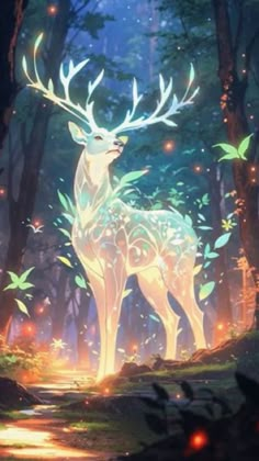 a deer standing in the middle of a forest with lights on it's antlers