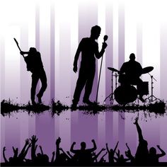 the silhouettes of people playing music in front of a purple and black background with trees