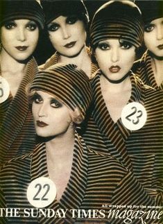 an advertisement for the new york times magazine featuring women in hats and striped clothing with numbers on them