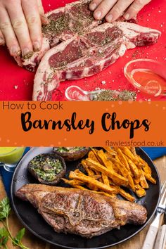 how to cook barbsley chops on a black plate with sweet potato fries