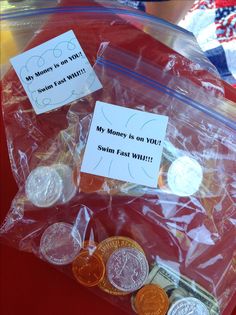 some coins are in a plastic bag with a note on it that says, my money is an you?