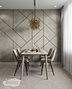 a dining table with chairs and a chandelier hanging from it's ceiling