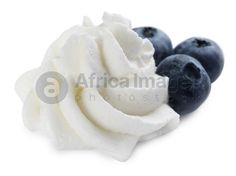 blueberries and whipped cream on white background