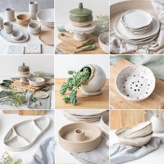 many different types of dishes are arranged in this collage with white and green accents